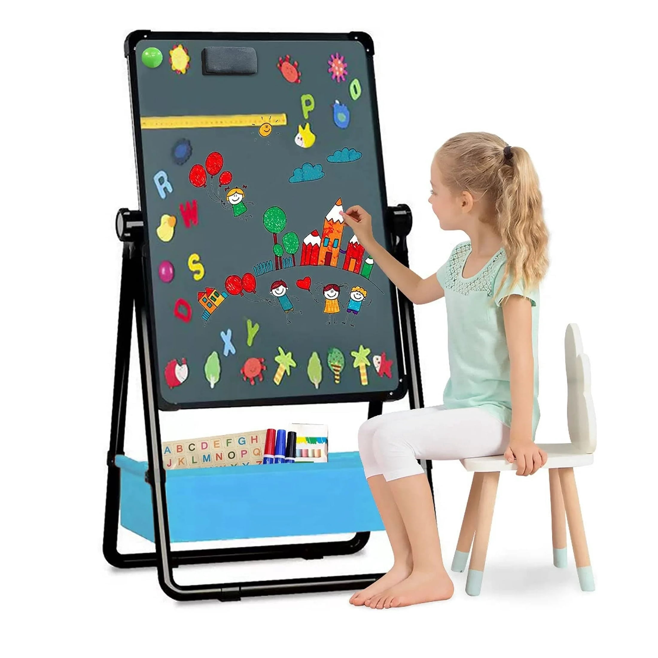 Ealing Kids Easel Adjustable Standing Metal Whiteboard & Chalkboard,Magnetic Art Easel for Age 3-8