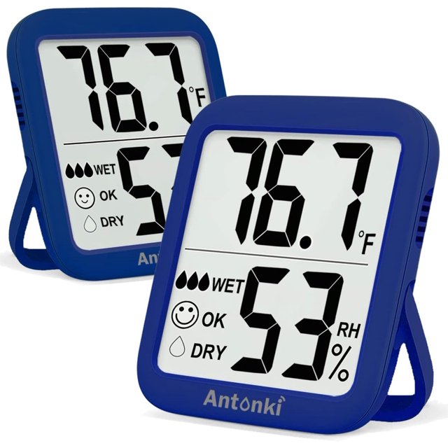 Antonki Termómetro de habitación para el hogar, paquete de 2 monitores digitales de temperatura y humedad, sensor higrómetro interior, medidor de humedad, medidor de humedad para habitación de bebé, t