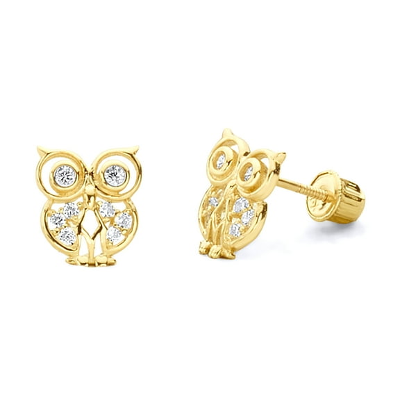 Wellingsale 14K Yellow Gold Polished Owl Stud Earrings With Screw Back