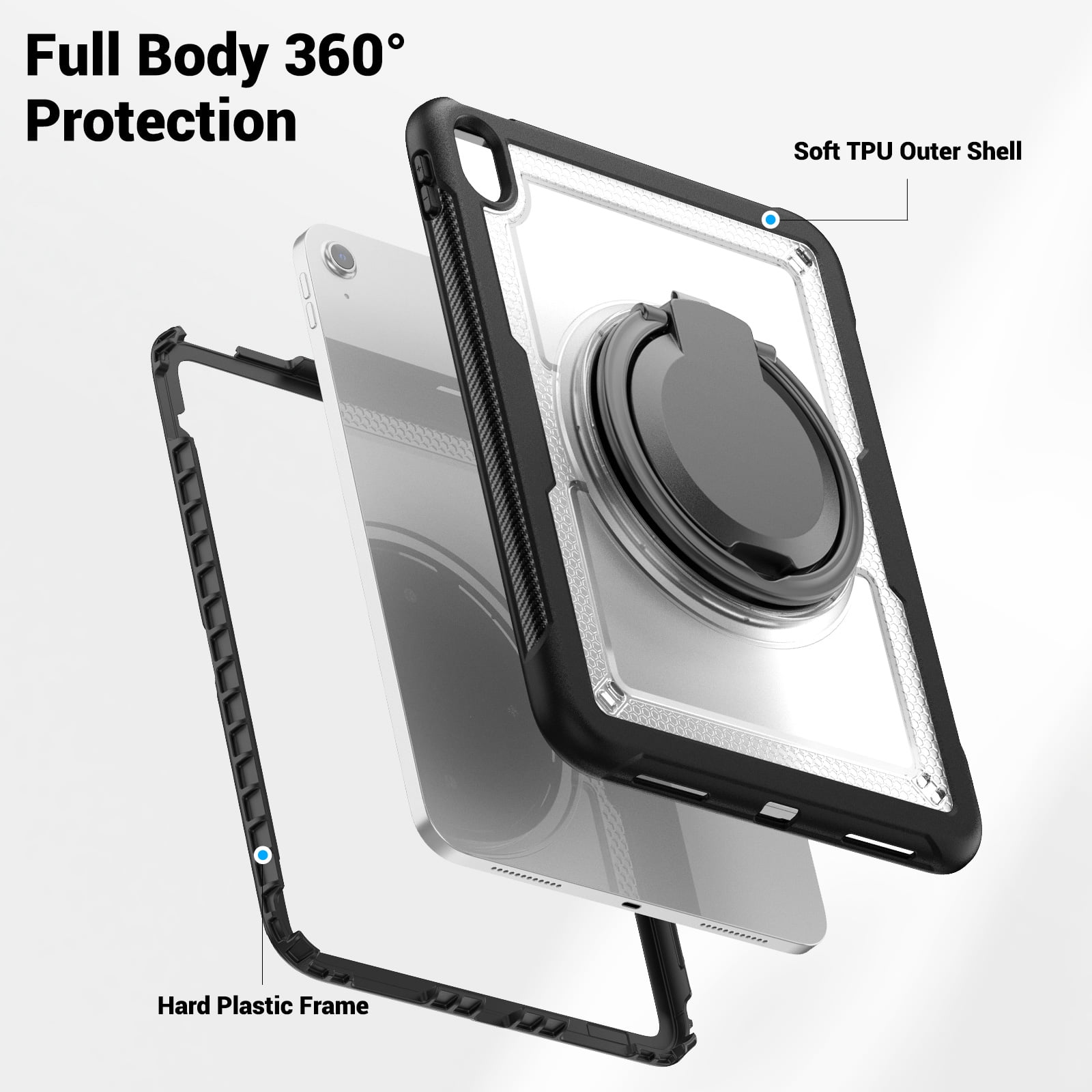 Shockproof Case for Apple iPad 11th 10th Generation 2025 2022, Rugged Hybrid Protective Cover with Pencil Holder & Shoulder Strap Kids Friendly Rotating Stand Case for iPad 11th 10th Gen, Clear