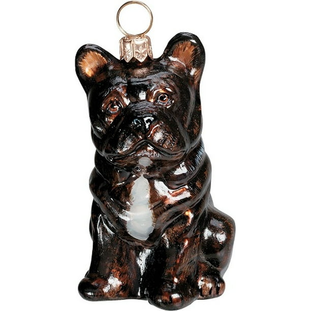 French Bulldog Black Sitting Dog Blown Glass Polish Christmas Tree Ornament