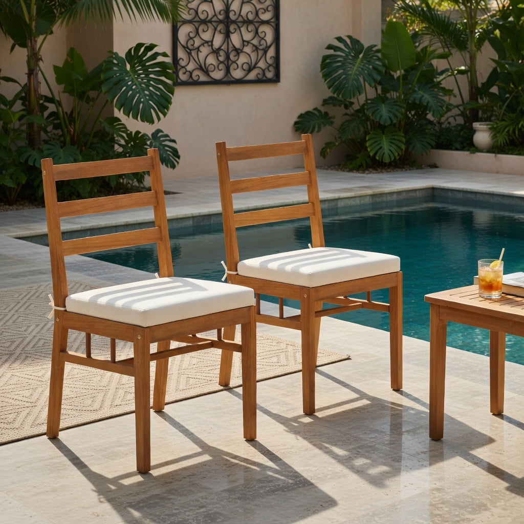 Hommoo 2-Piece Acacia Wood Outdoor Patio Dining Chairs Set, Natural Wood Frame with Removable Cushions, Weather-Resistant Armless Chairs for Deck, Porch & Garden, White