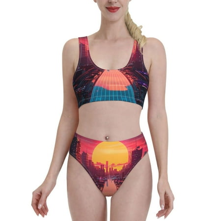 Lsque Neon Sunset Cyberpunk Cityscape print Women s Bikini Tankini Set 2 Piece - Split Sports Swimsuit - Scoop Neck Bathing Suit - Small