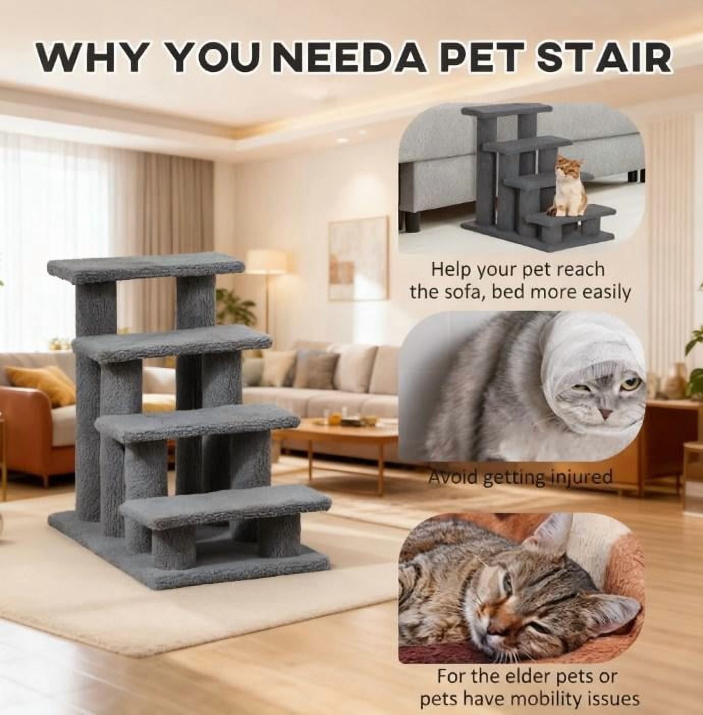 Zephypaws Multi-Step Pet Stairs for High Beds & Sofas,Gray,4-Step,with Cat Scratching Post Gray