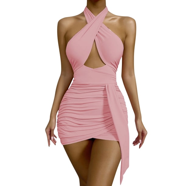 Gibobby Vestidos de fiesta elegantes Vestido de fiesta de club fruncido con cuello en V sin mangas con correa de terciopelo para mujer(Rosa,CH)