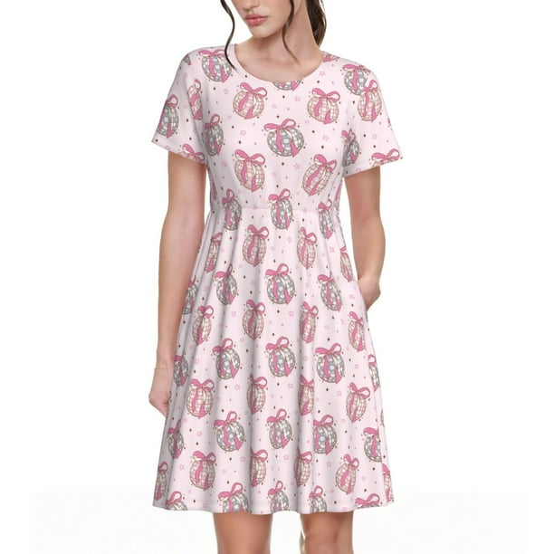 Fotbe Pink Disco Ball Vestido Largo de Moda para Mujer, Vestido Tipo Camiseta con Manga Corta y Estilo Casual a Rayas y Bloques de Color