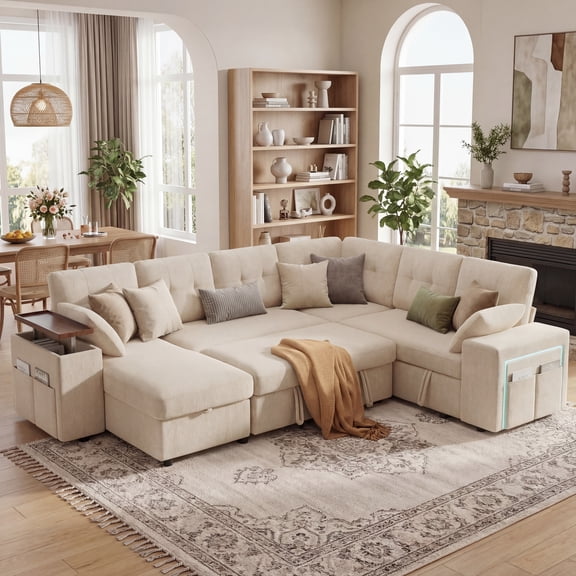 112" Sectional Sleeper Sofa with Pull-Out Bed,Beige Chenille 7-Seat Modular Couch,Reclining Backrest,USB Ports,LED Light,Side Table,Storage