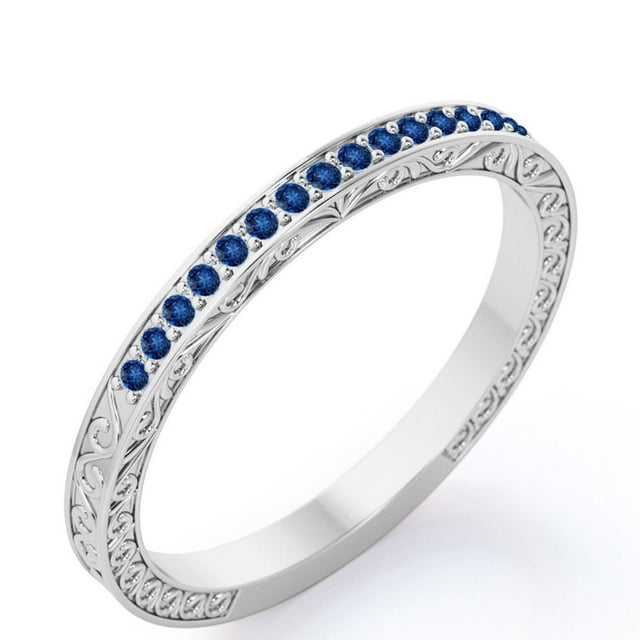JeenMata Alianza de Boda de Estilo Victoriano Art Déco con Piedra Natal de Septiembre de Corte Redondo de 0,25 Quilates en Baño de Oro Blanco de 18 K sobre Plata