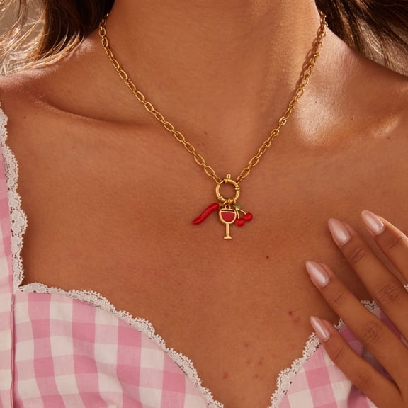 NICKSUN 18K Gold Plated Stainless Steel Necklace, DIY Removable Cherry Wine Glass Chili Fruit Charms Pendant Necklace, Cute Dainty Fruit Layered Clavicle Jewelry for Women