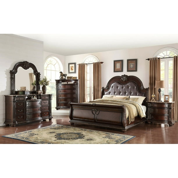 New Formal Traditional Design Marble Top King Size 4 Pieces Set Bedroom Furniture Bed Dresser Mirror Nightstand Com Traditional Design Marble Top King Size, King Size Bed Sets