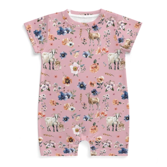 Baby Watercolor Goat Boho Floral Newborn Infant Baby Romper Girl Highland Goats Lamb Wildflowers Leaves Pink Summer Round Neck Short Sleeve Jumpsuit Bodysuit