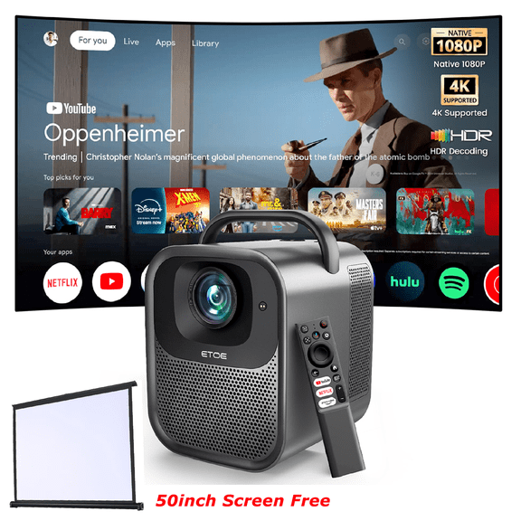 ETOE Seal Pro Google TV 4K Portable Projector with Speakers, Native 1080P, 1300 ANSI, Smart Projector with Dolby/Auto Focus, Wifi Projector for Bedroom/Home/Celling