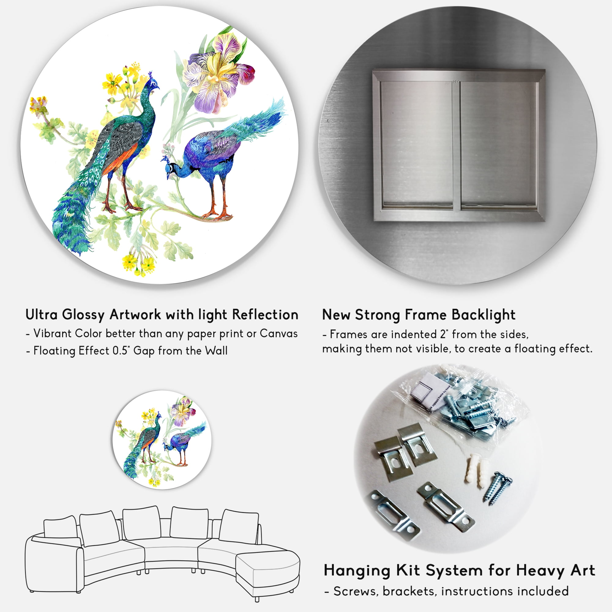 Designart 'Iris Flowers and Peacocks' Traditional Circle Metal Wall Art 23x23 - Disc of 23