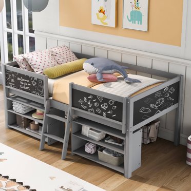 Kids Loft Bed with Movable Shelves, Wood Low Twin Size Loft Bed Frame with Decorative Guardrail Chalkboard, Storage, Ladder, Kids Wood Loft Bed Frame, for Girls Boys, No Box Spring Needed, Gray