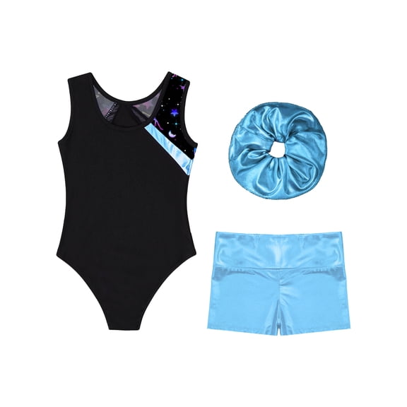 Raenseen Kids Girls 3Pcs Sleeveless Gymnastics Ballet Leotard with Shorts Headband Set Dance Workout Blue Green 4