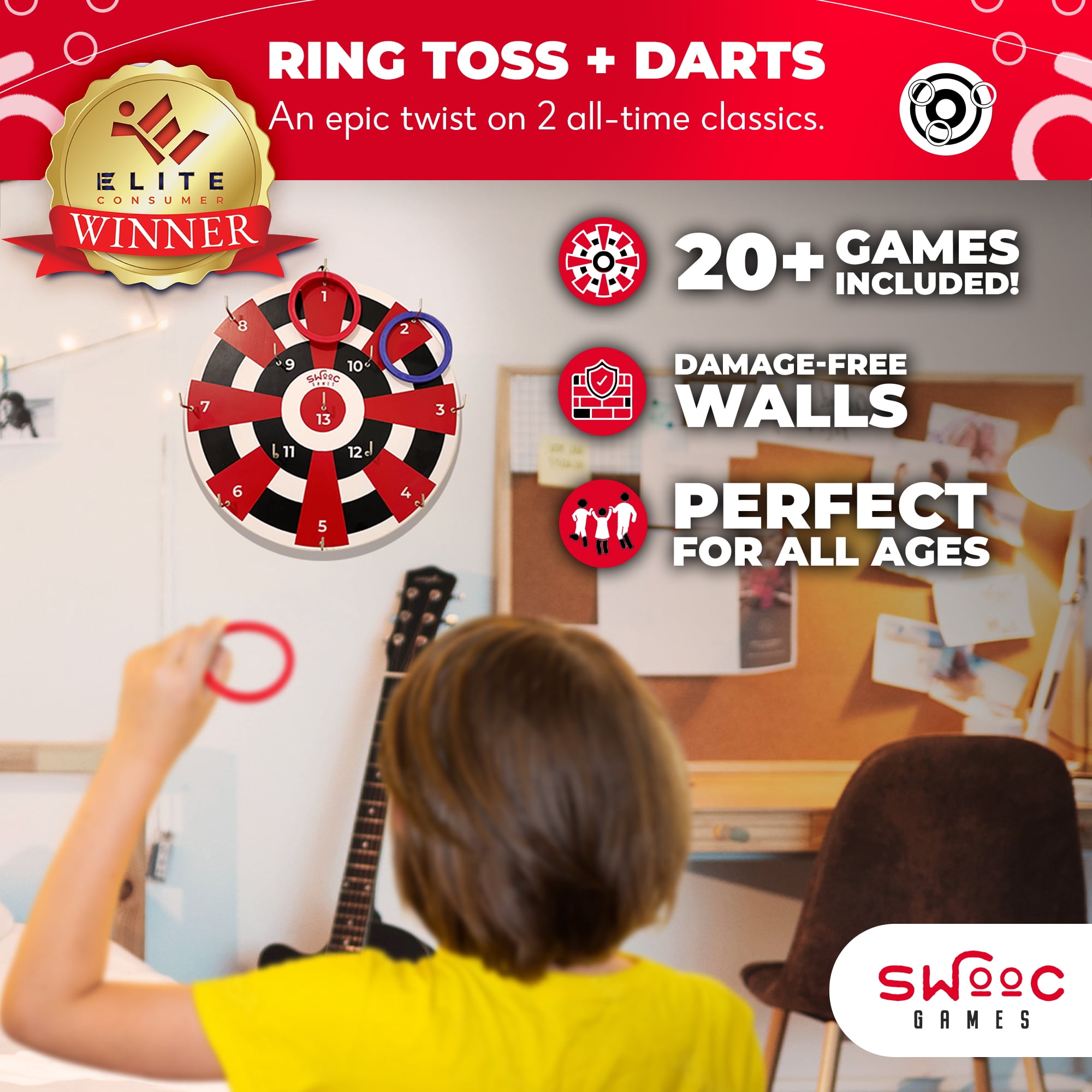 Swooc Games® ‒ Hook Darts Ring Toss Game ‒ Wood Board & Soft Rings ‒ 20+ Games Included for Kids & Adults ‒ Wall Mounted Ring and Hook ‒ Indoor & Outdoor Wall Decor for Game Room, Patio, Garage, Yard