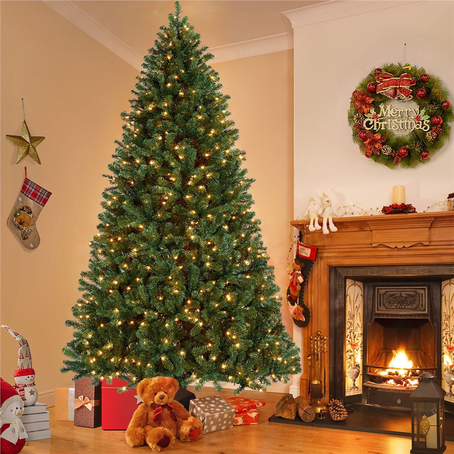 Alden Design 9FT Artificial Pre-lit Christmas Fir Tree with Foldable Stand and 850 LED Warm Lights,Green