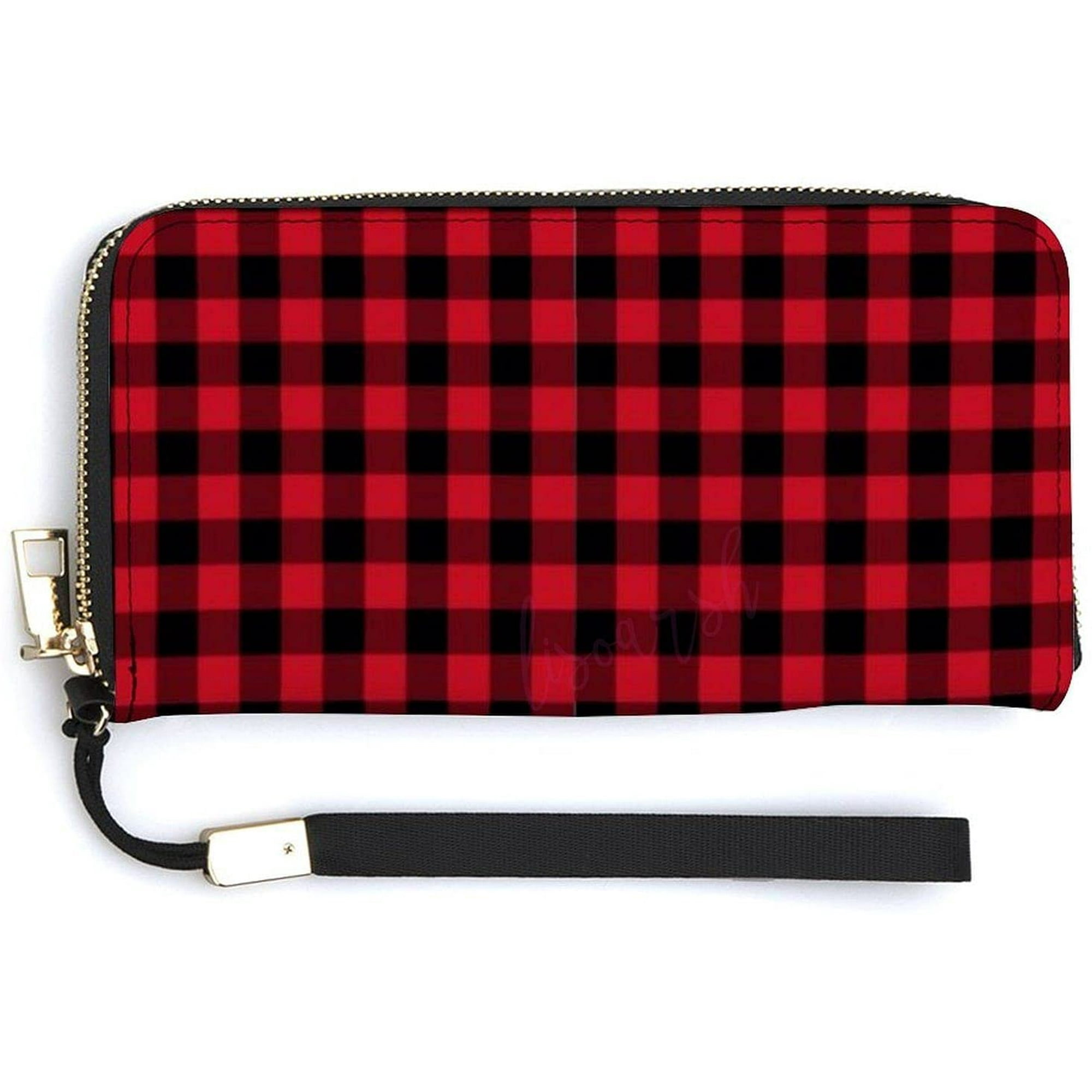 for Women PU Leather Buffalo Check Red Black Plaid Zip Around Wallet Clutch Large Travel Purse Wristlet
