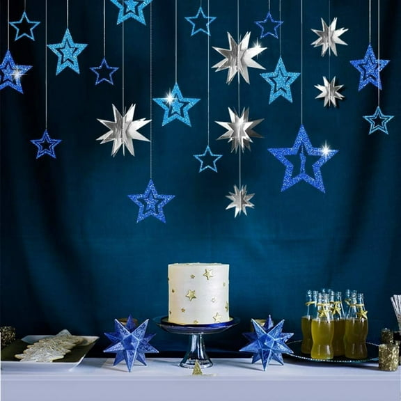 Cheerland Blue Silver Star Party Decoration Glitter 3D Star Garland