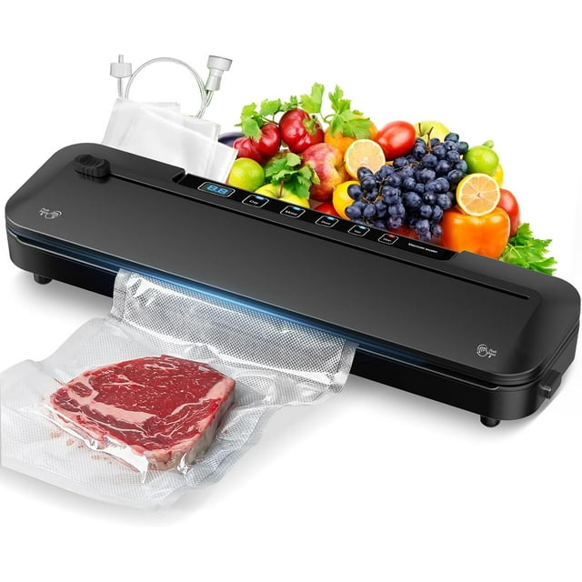 Machine de Scellage sous Vide, Puissance d'Aspiration de Précision 75kpa 6-en-1 avec Minuterie Numérique, Modes Aliments Secs et Humides, Design Compact avec 10 Sacs sous Vide et Coupeur Intégré (Noir)