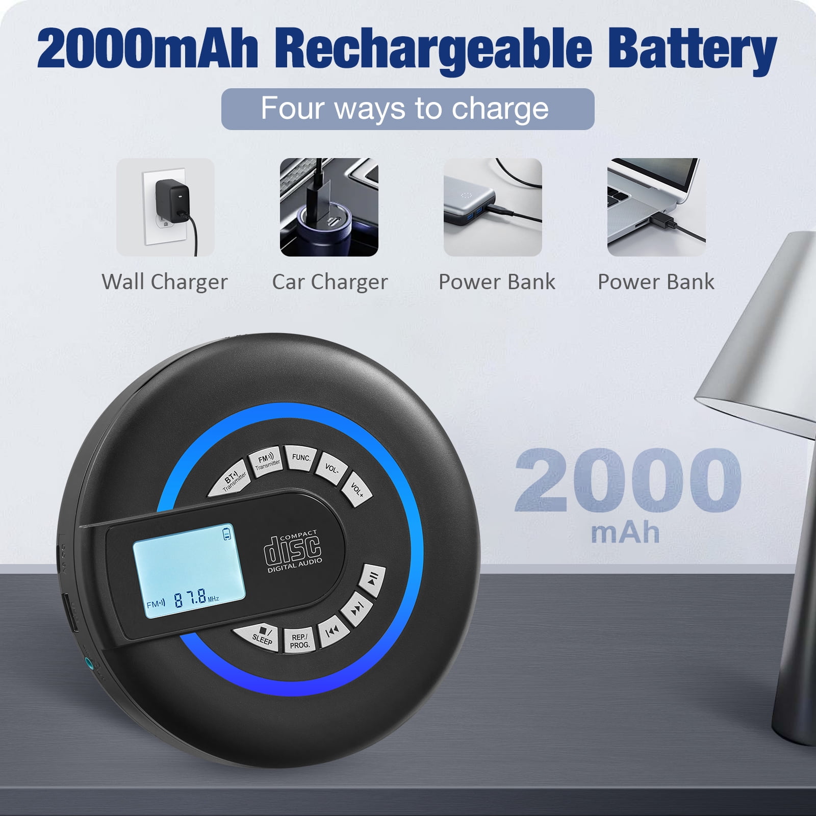 Portable CD player with Bluetooth,Rechargeable Walkman CD Player with FM Transmitter, Discman CD Player for Car.