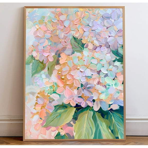 Hydrangea Wall Art - Print | Modern Floral | Pink, Purple, Green, Peach, Gold Abstract UNFRAMED Poster, Wall Art for Decor, Present, 8x12
