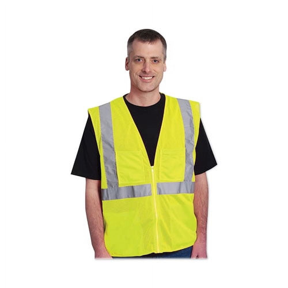 ANSI Class 2 Four Pocket Zipper Safety Vest, Polyester Mesh, 3X-Large, Hi-Viz Lime Yellow | Bundle of 10 Each