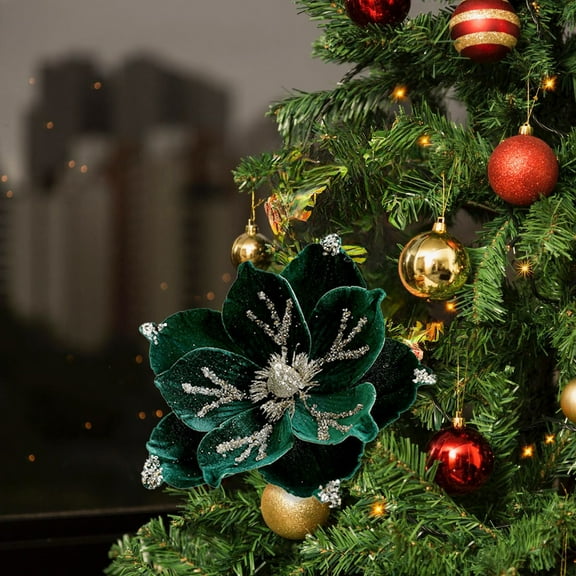 Loyerfyivos 24CM Powder Flocking Christmas Flower Magnolia High-end Fabric Christmas Decoration Simulation Flower