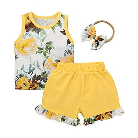 

Styles I Love Baby Toddler Girls Floral Print Tank Top and Shorts with Headband 3pcs Cotton Outfit Baby Girls Spring Summer Clothing Set (Yellow 100/18-24 Months)
