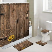 4 Pcs Brown Farmhouse Bathroom Decor Set with Non-Slip Rugs Toilet Lid Cover and Bath Mat,Western Cowboy Bathroom Shower Set,Rustic Barn Door Shower Curtain Sets with Rugs 4 Piece