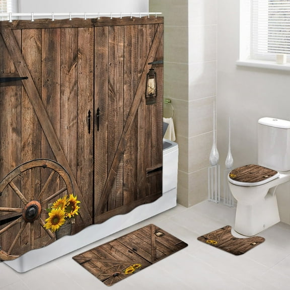 4 Pcs Brown Farmhouse Bathroom Decor Set with Non-Slip Rugs Toilet Lid Cover and Bath Mat,Western Cowboy Bathroom Shower Set,Rustic Barn Door Shower Curtain Sets with Rugs 4 Piece