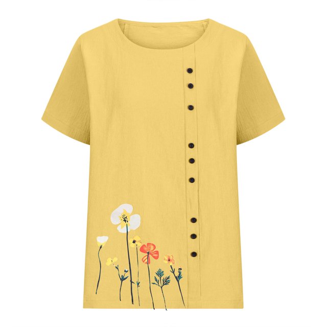 XMMSWDLA Chemises à Manches 3/4 pour Femmes Col Rond Imprimé Graphique Mignon Blouses Décontractées Basiques Chandail Vêtements Chemises de Yoga Jaunes pour Femmes