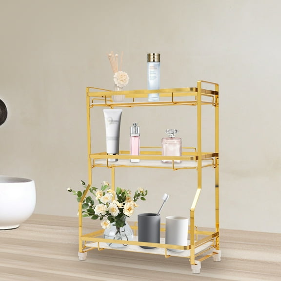 3 Tier Bathroom Countertop Organizer, Gold Bathroom Vanity Counter Organizer with Small Storage Basket for Skincare Makeup Perfume