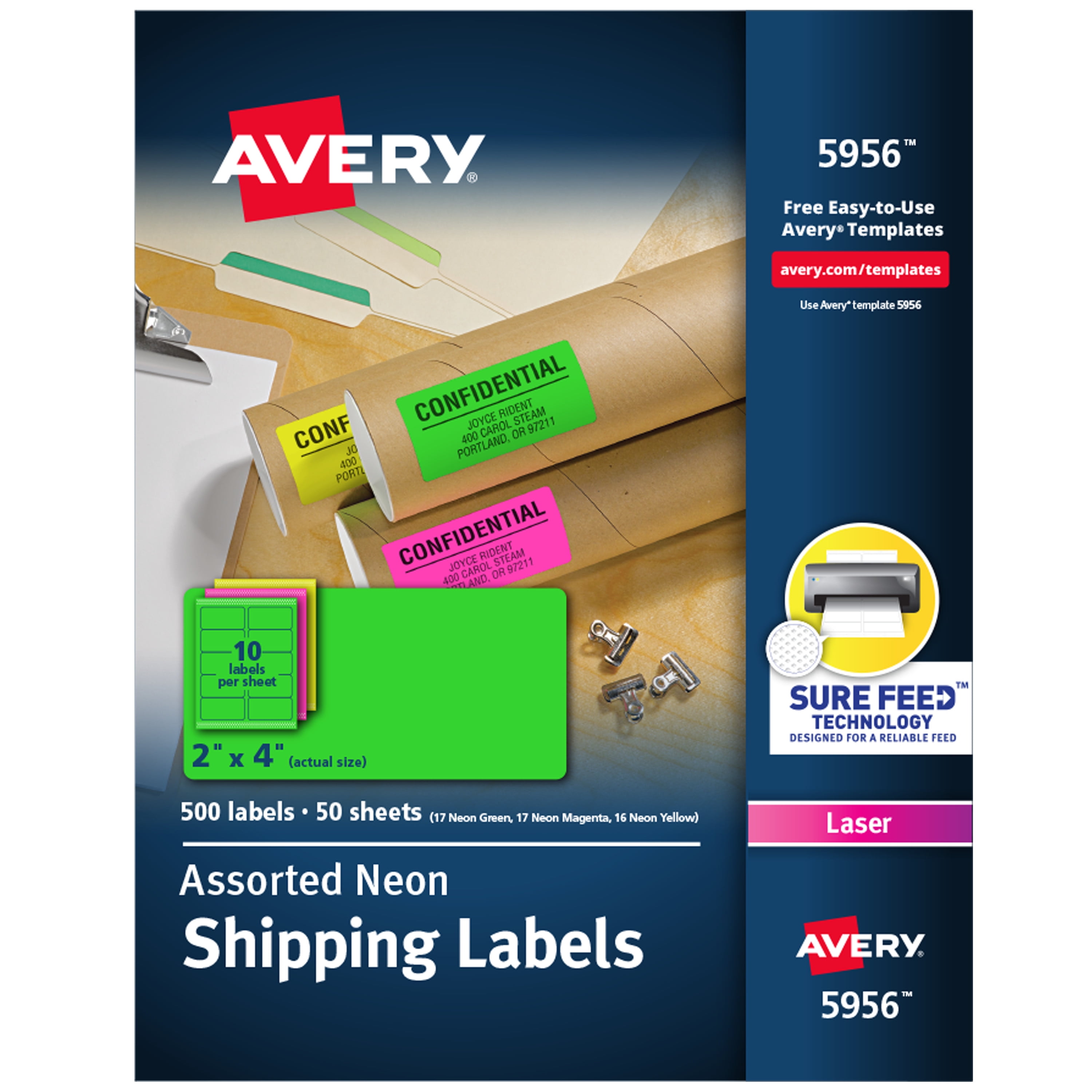 Avery 2"x 4" Neon Shipping Labels with Sure Feed, 500 Labels (5956