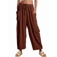 thumbnail image 2 of Womens High Waist Wide Leg Pants Loose Fit Casual Linen Blend Trousers Comfort Brown XXXL, 2 of 8