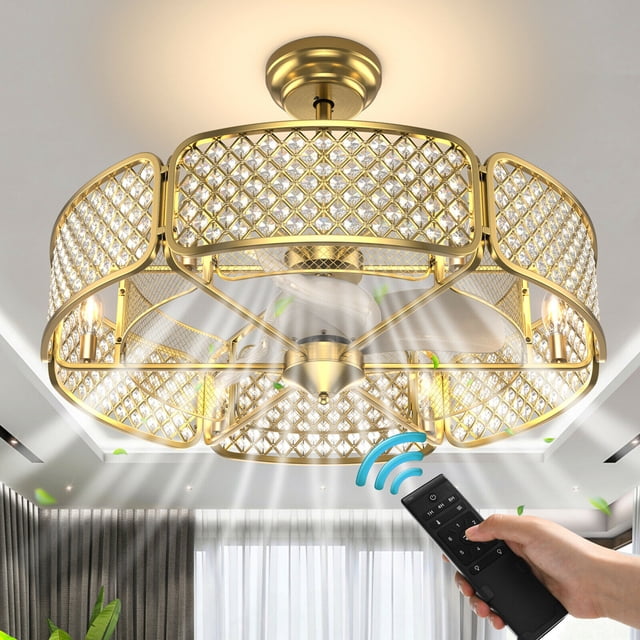 Gymax 30'' Caged Ceiling Fan With Light Crystal Lampshade 6 Light Bases Golden