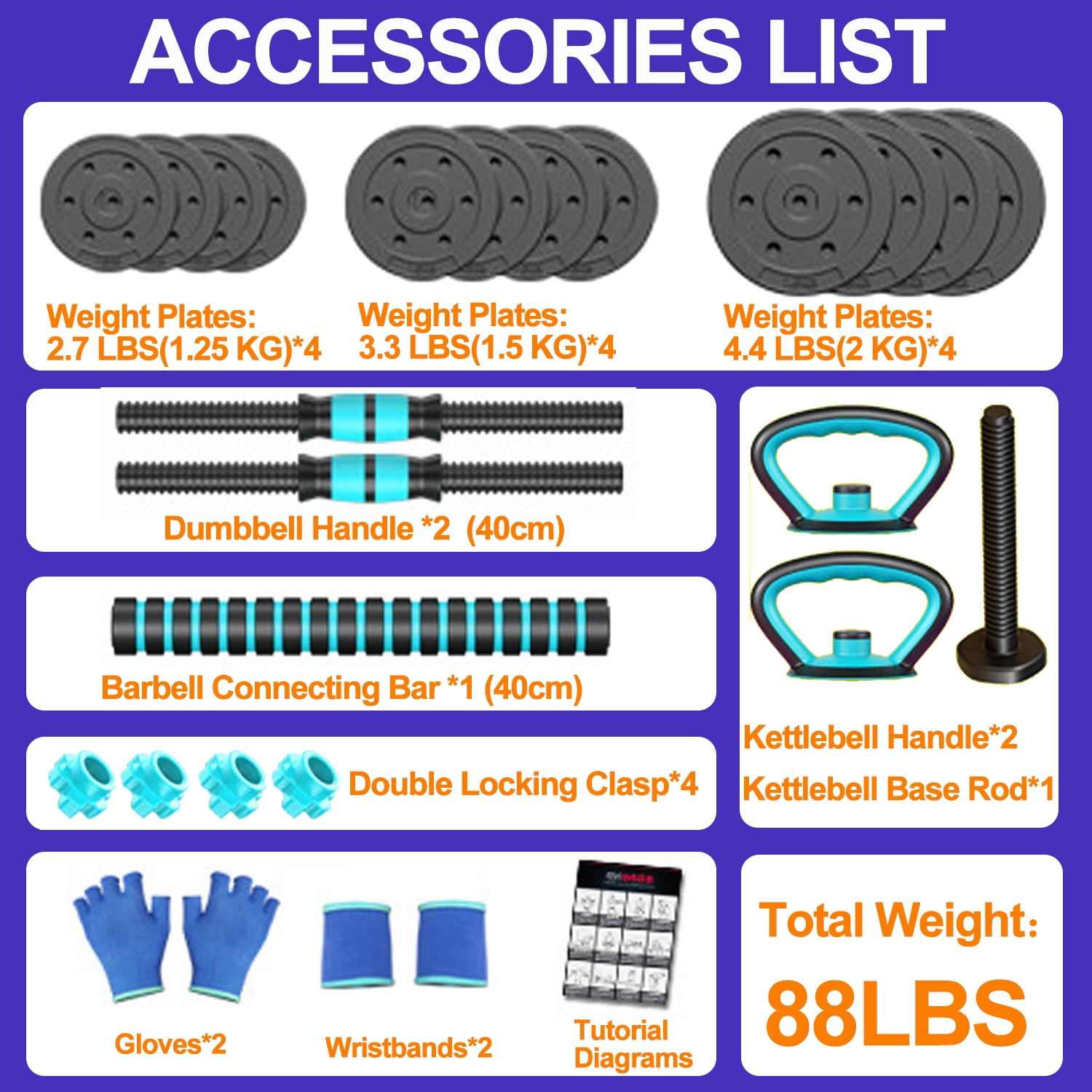Adjustable Dumbbells, 45LBS 4-in-1 Portable Changeable Dumbbell, Kettlebells, Push up Stand and Barbell Set with Adjustable Weights Dumbbells