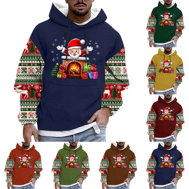 UVEASISHA Mens Christmas Hoodie Sweatshirts Color Block Long Sleeve Pullover Sweatshirt Drawstring Hooded Santa Claus Pullover Tops Coffee L
