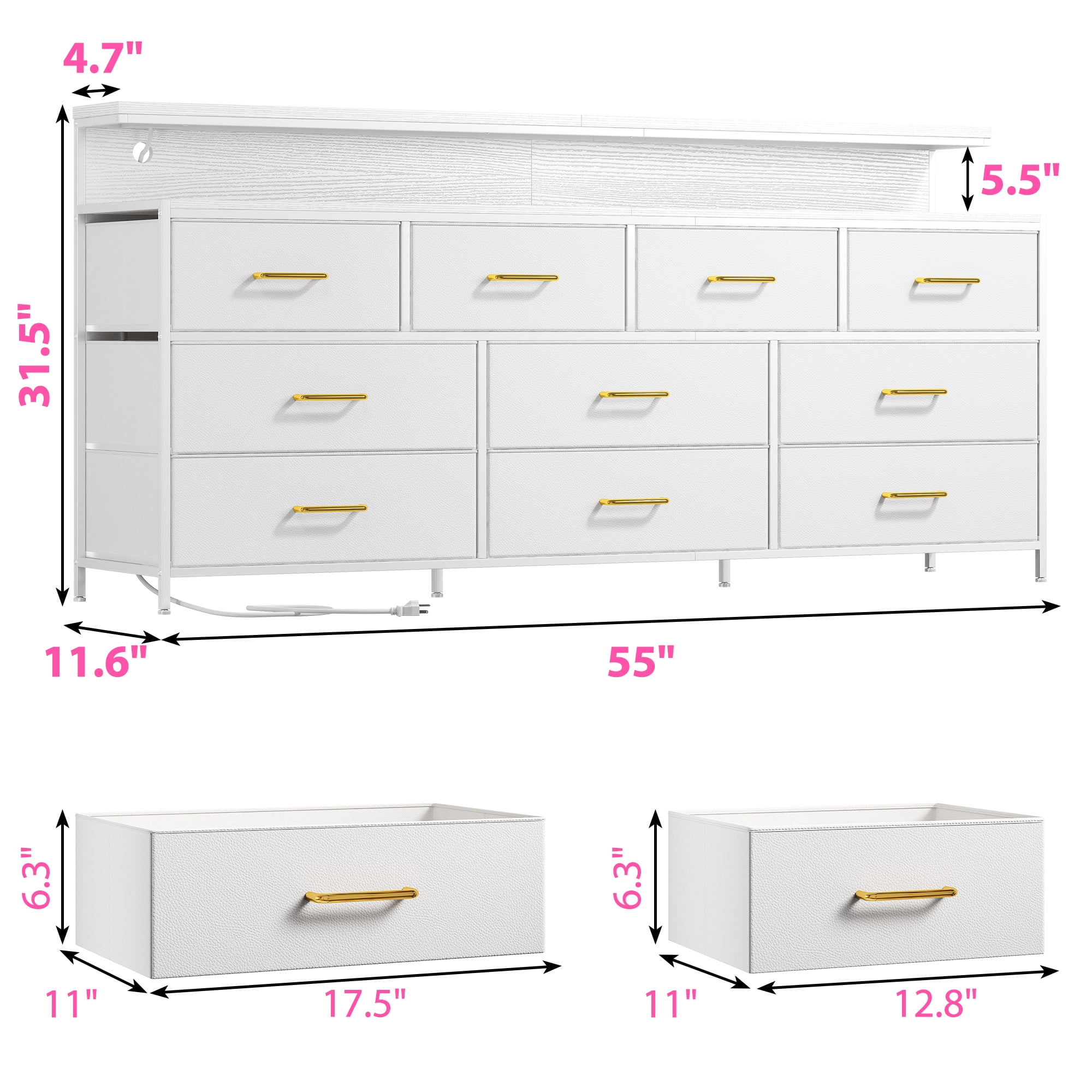 EnHomee White 55"Long Dresser for Bedroom 10 Drawers LED Dresser with charging station Fabric Dressers & Chests of Drawers,11.6"W x 55"L x 31.5"H