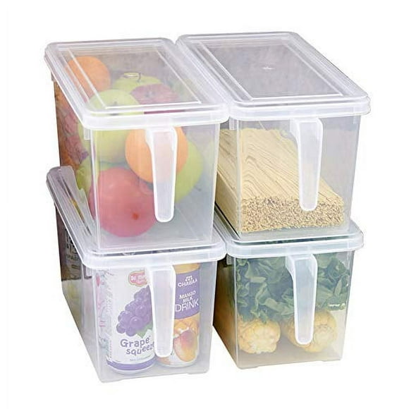 MineDecor Plastic Storage Containers Square Food Storage Organizer Stackable Refrigerator Organizer Handle Kitchen Containers with Lids for Fruits Vegetables Meat Egg (Set of 4)