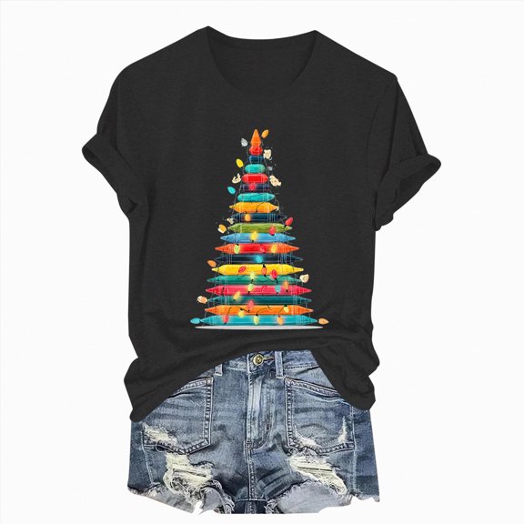 Towmus Christmas T Shirts Women Merry and Bright Graphic Tee Casual Xmas Holiday Shirt Tops