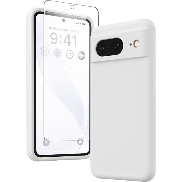 KOMI for Google Pixel 8 Case, Liquid Silicone Case with 2X Screen Protectors, Full Body Protective Cover, Shockproof, Slim Phone Case, Anti-Scratch Soft Microfiber Lining 6.2", White