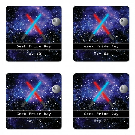 

Galaxy Coaster Set of 4 Gift for Geek Pride Day May 25 Stars Galaxy Universe Theme Pattern Print Square Hardboard Gloss Coasters Standard Size Blue Black and Red by Ambesonne