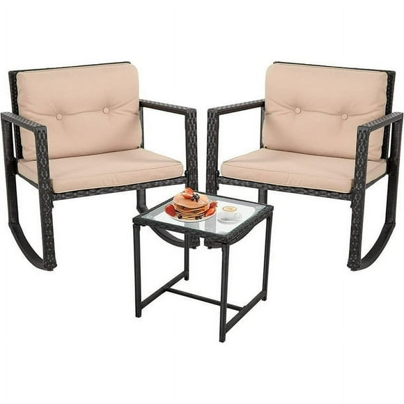 FDW 3-Piece Wicker Patio Rocking Bistro Set – Rattan Chairs with Coffee Table for Garden, Porch, or Outdoor Use (Black)