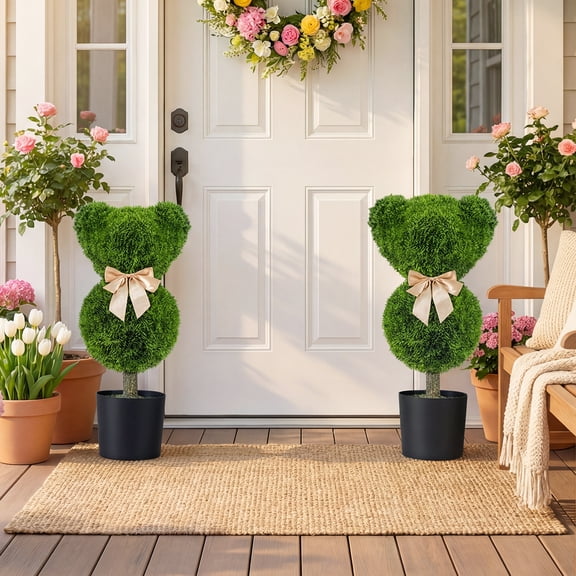 ELLEGNT 2 PCS Bear‑Shaped Topiary Trees - Sun‑Resistant Faux Boxwood Plants with Pots
