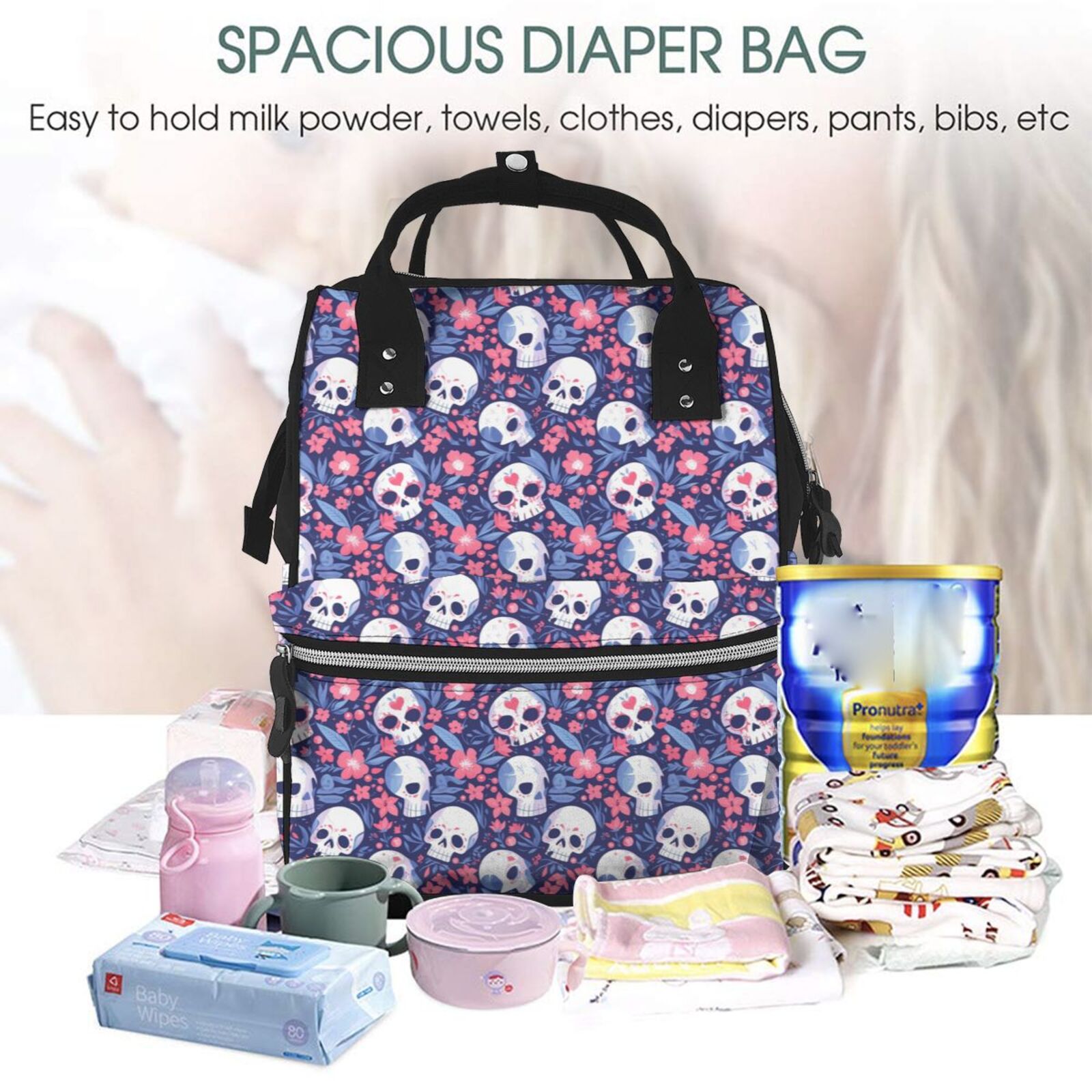 Xecao Skull cartoon flower print Large Capacity Nappy Bag is a multi-functional waterproof travel backpack, perfect as a nursing bag or mummy backpack for women