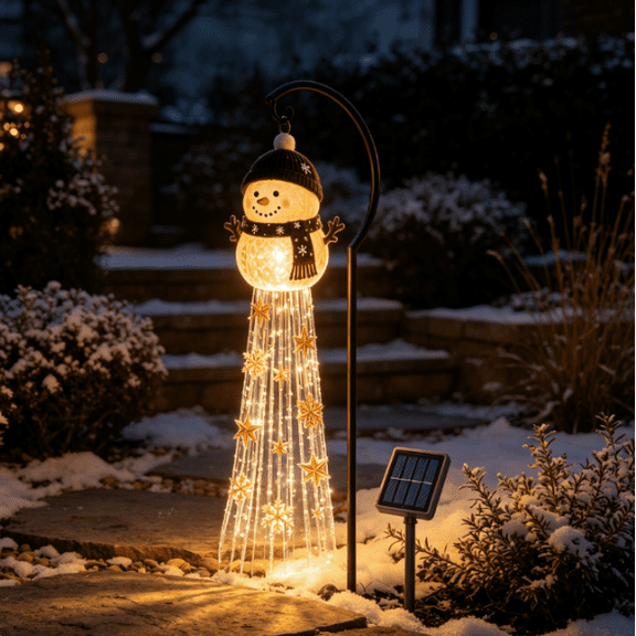 Snowman Flashing Waterfall Solar Garden Lamp, Flowing Snowflake LED Yard Decoration with Glowing Orb, Warm White Outdoor Holiday Stake Light for Lawn & Garden Walkway