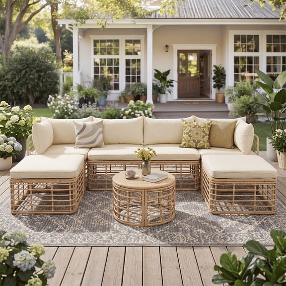 7 Pieces Patio Furniture Set, All-Weather Rattan Sectional Sofa Set with Pillows, Outdoor Conversation Sets for Garden, Backyard, Balcony, Brown