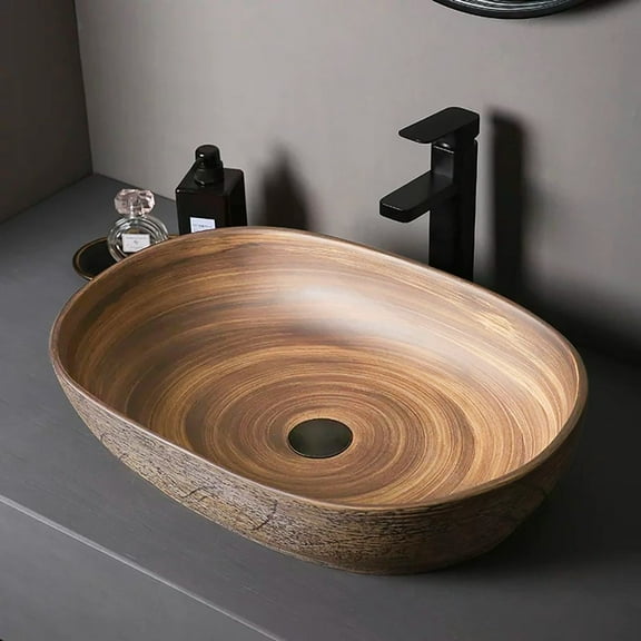 15.7" Round Ceramic Vessel Sink – Japandi Style Bathroom Washbasin (Oval)
