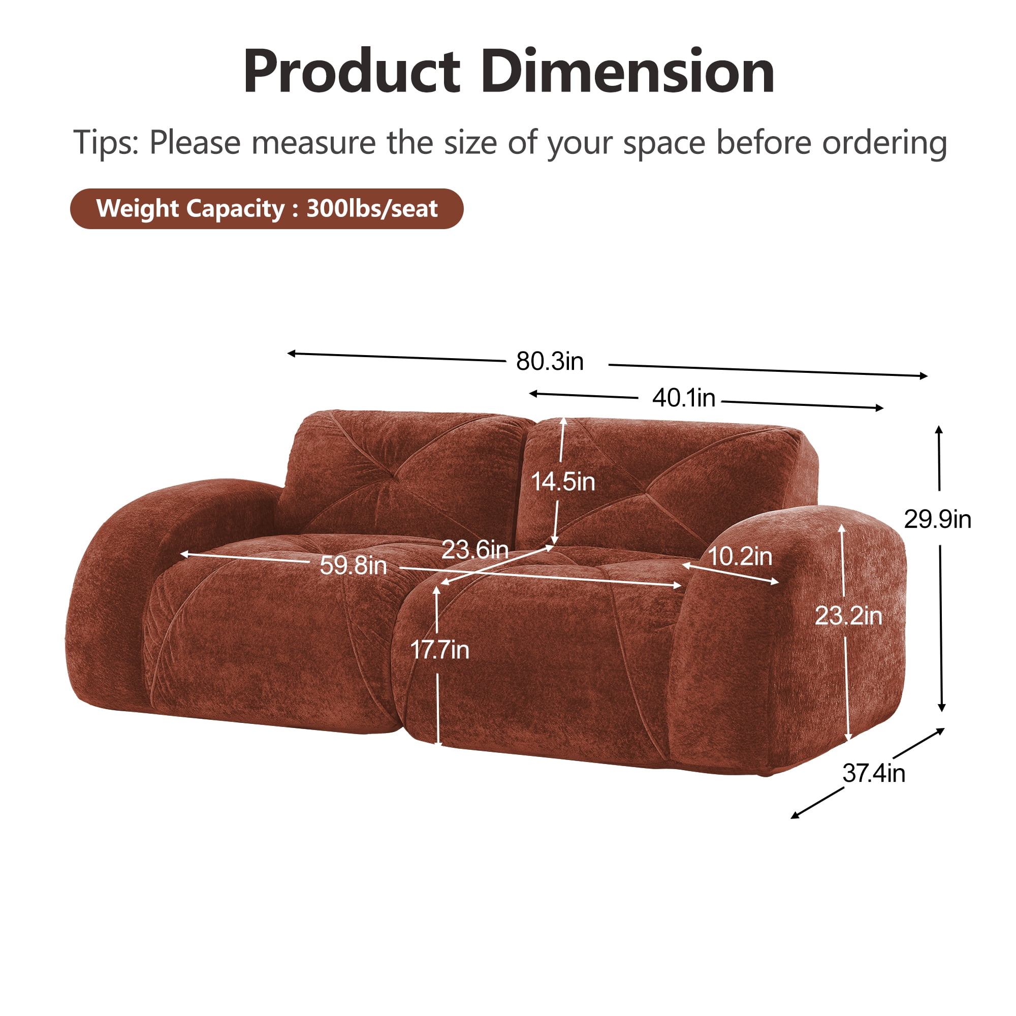 AISWORD 40" 2-Seat Modular Cloud Loveseat, Soft Velvet Boneless Sofa with Anti-Slip Bottom, No Assembly Required